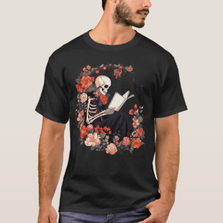 T-shirt Squelette Lecteur Amateur de Livres Floral Fleurs 