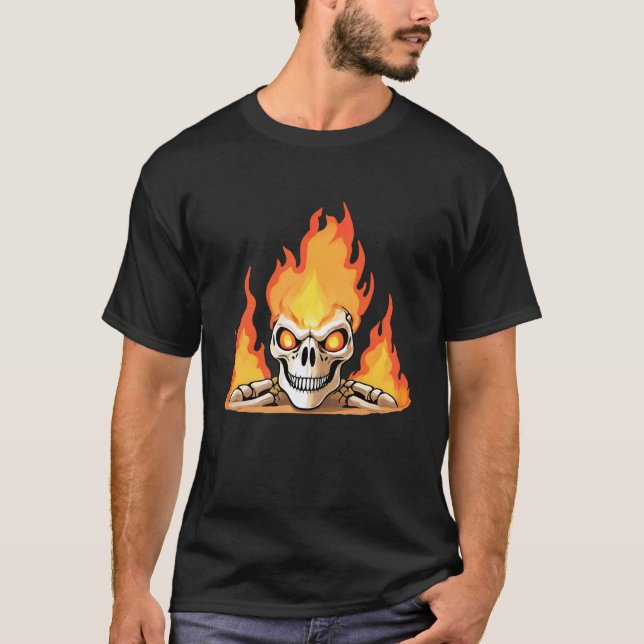 T-shirt Squelette rétro mort brûlant crâne en feu (Devant)