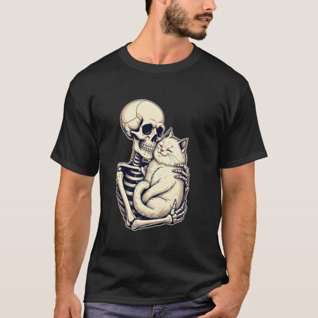 T-shirt Squelette serrant chat mignonne Amoureux des chats (Devant)