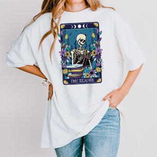 T-shirt Squelette Tarot esthétique Bleu Floral Le lecteur