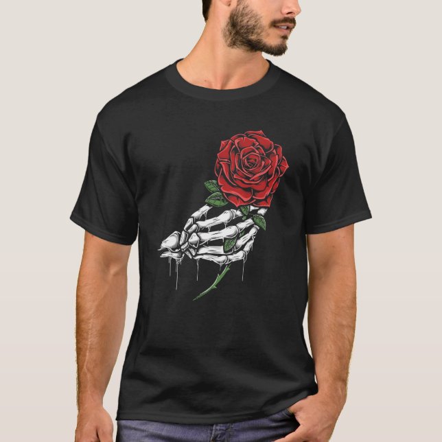 T-shirt Squelette tenant la main Rose rouge (Devant)