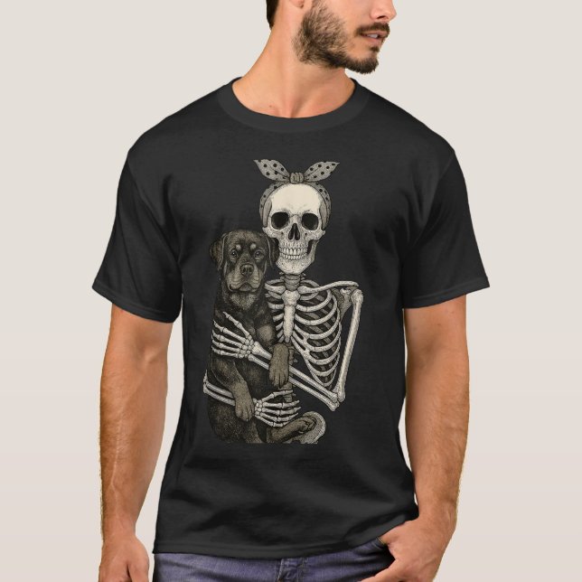 T-shirt Squelette tenant Rottweiler chien Lazy Halloween (Devant)
