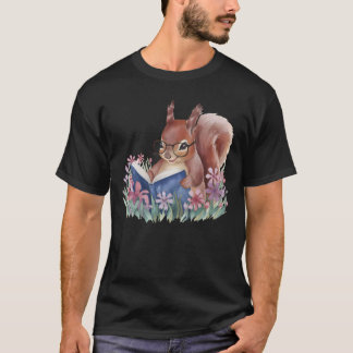 T-shirt Squirrel Reading A Book, Nestled In Flowers