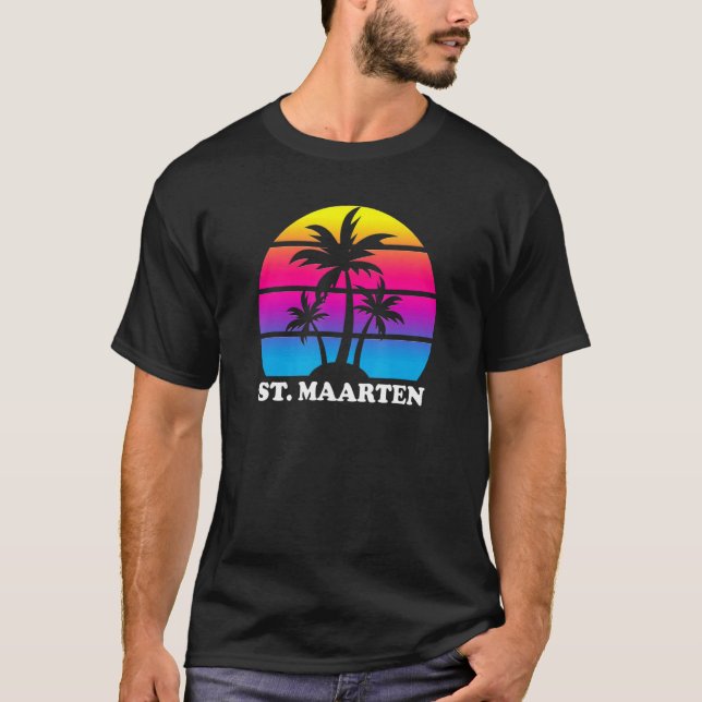 T-shirt St Maarten Retro Palm Tree Sunset Vacances Plage T (Devant)