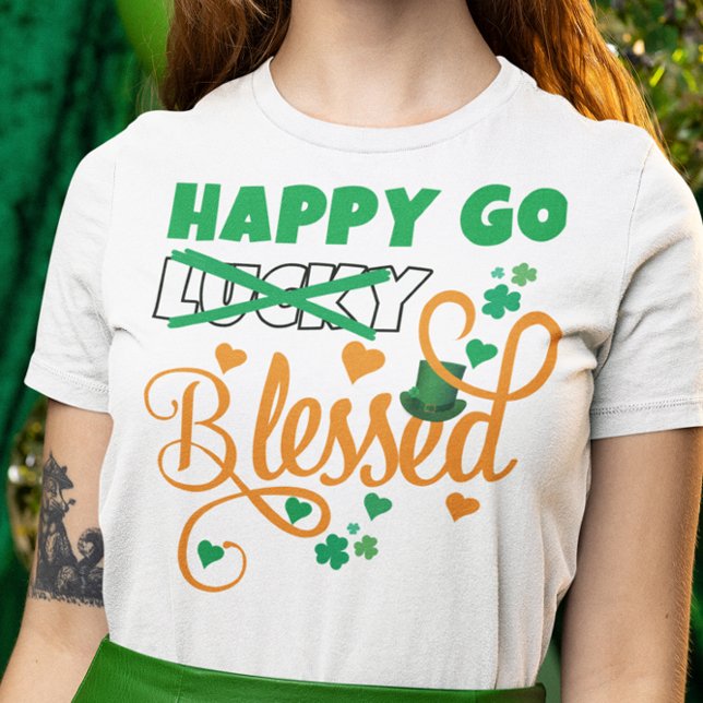 T-shirt St Patrick's Day HEUREUX GO Lucky BLESSED Christia (St Patricks Day HAPPY GO BLESSED not Lucky Christian T-shirt in green, white and orange typography.)