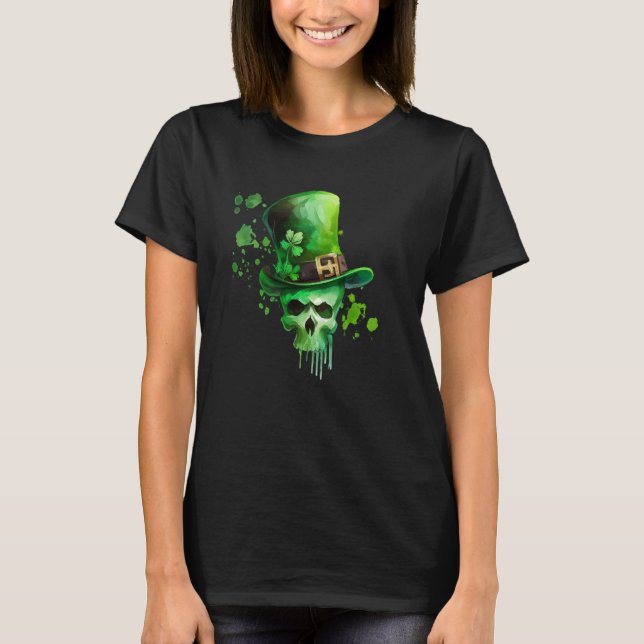 T-shirt St Patricks Day Irish Leprechaun Shamrock Skull C (Devant)