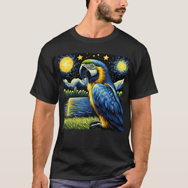 T-shirt Starry Night Bleu et Jaune Macaw Perrot Van (Devant)