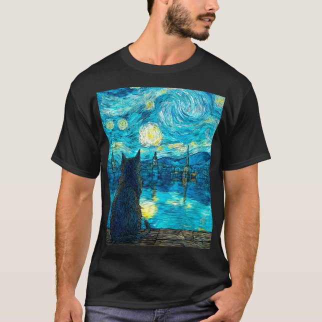 T-shirt Starry Night Cat Art – Van Gogh Style Night  (Devant)