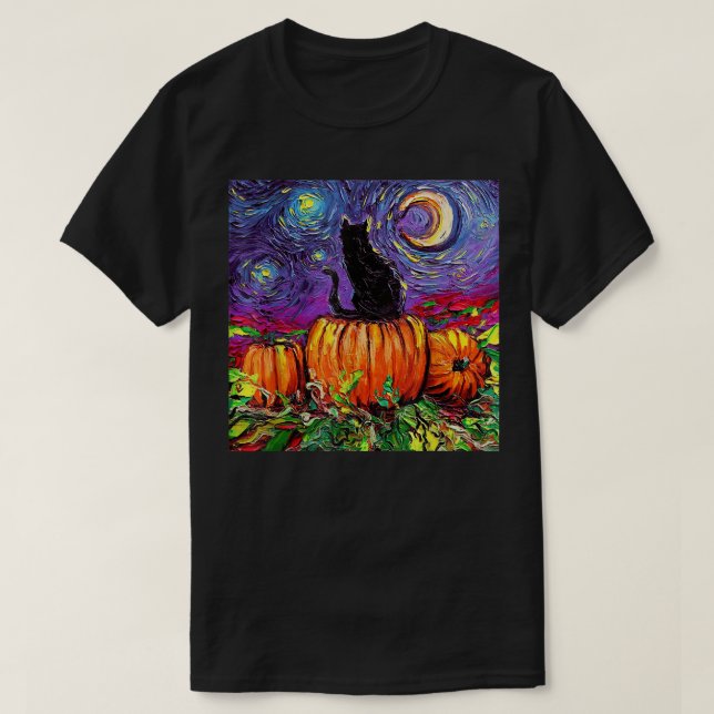 T-shirt Starry Night Cat Citrouille Halloween, Van Gogh Ca (Design devant)