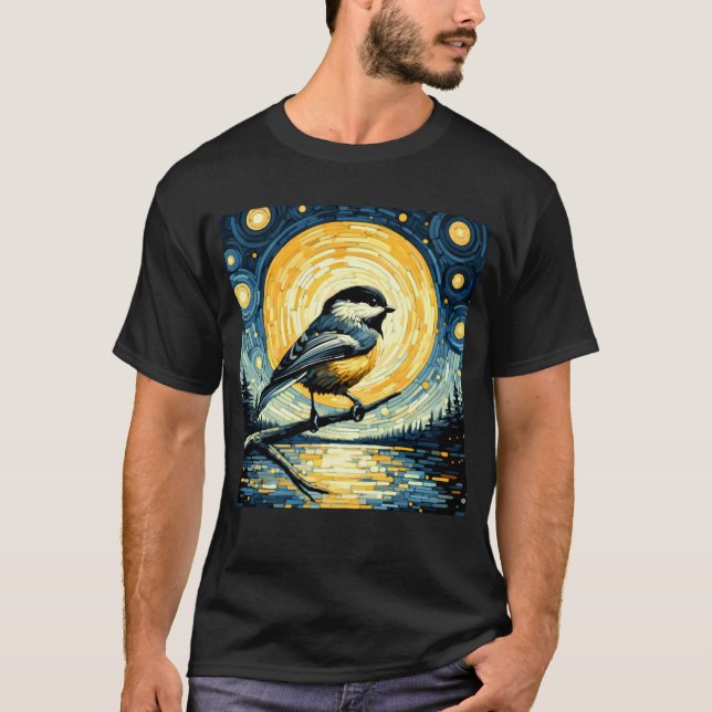 T-shirt Starry Night Chickadee Van Gogh Bird Lover (Devant)