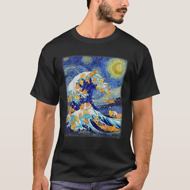 T-shirt Starry Night et Great Wave Chat Amoureux des chats (Devant)