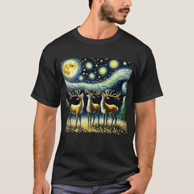 T-shirt Starry Night Three Deers hurle à Moon Van Gogh (Devant)