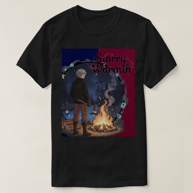 T-shirt Starry Warmth - Lumberjack Anime Boy by Campfire (Design devant)