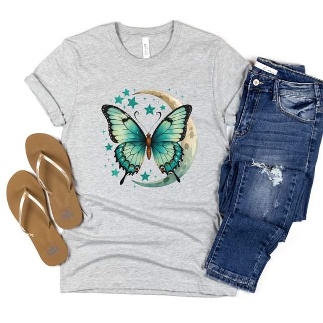 T-shirt Stars papillon turquoise Crescent céleste Boho lun (Teal butterfly stars crescent moon boho celestial T-shirt for her)