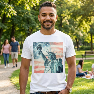 T-shirt Statue de la Liberté à l'aquarelle avec drapeau am