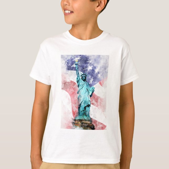 T-shirt Statue de la Liberté avec aquarelle drapeau (Devant)