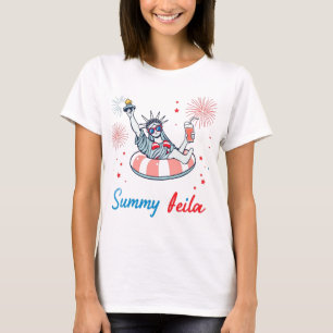 T-shirt Statue de la Liberté sur radeau gonflable d'été Qu