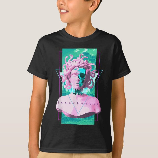 T-shirt Statue de la Medusa Vaporwave avec crâne Art esthé (Devant)
