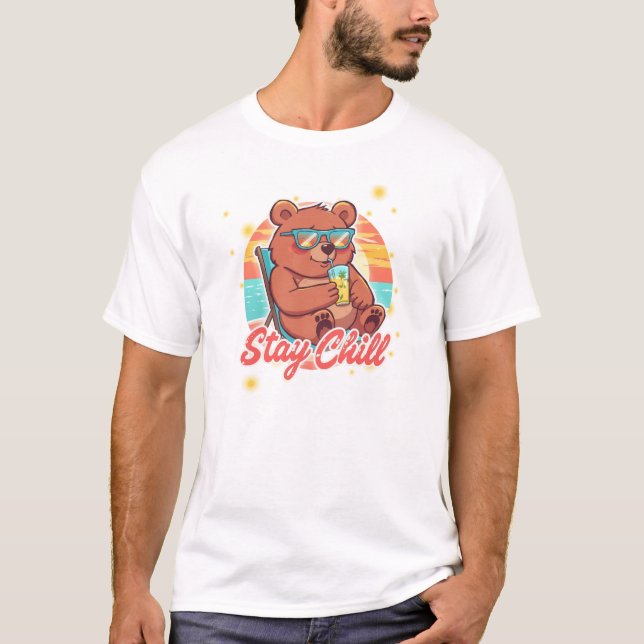 T-shirt Stay Chill Bear Sticker - Cute Kawaii Teddy Beach  (Devant)