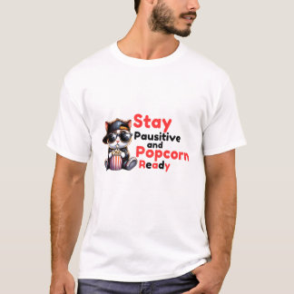 T-shirt Stay Pausitive and Popcorn Ready -Cute chat carica