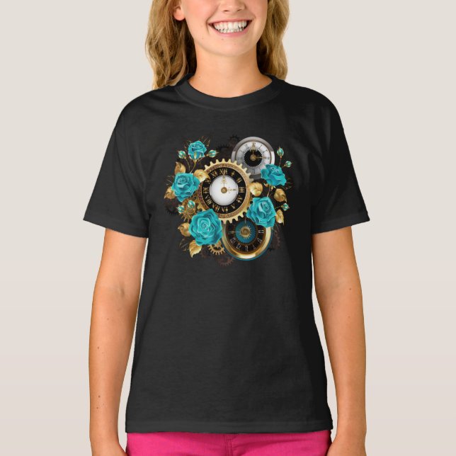 T-shirt Steampunk Clock and Turquoise Roses on Striped (Devant)