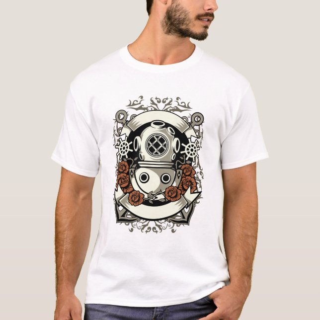T-shirt Steampunk Victorian Deep Sea Diver Roses rouges (Devant)
