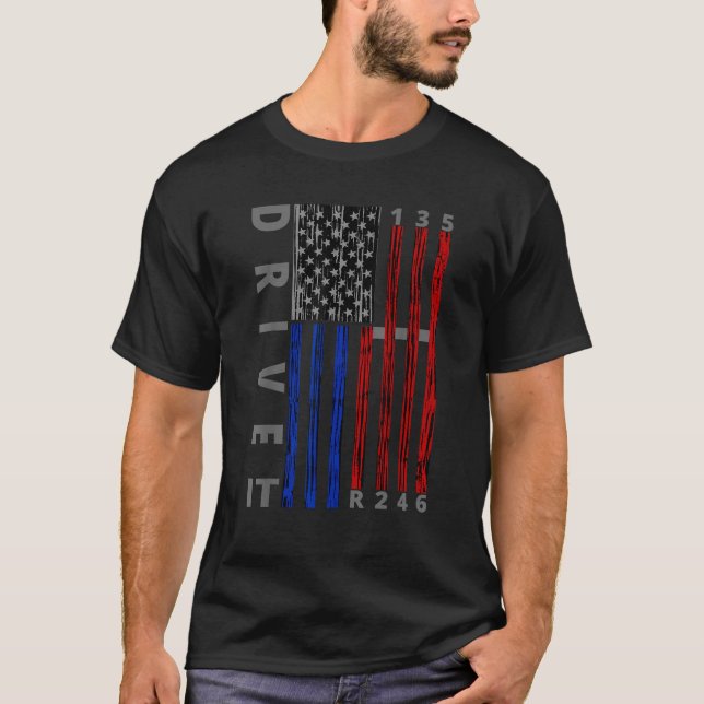 T-shirt Stick Shift American Flag Muscle Car Six Speed Gea (Devant)
