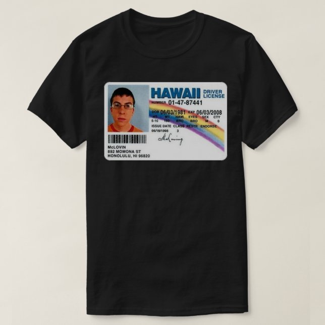 T-shirt Sticker Mclovin Fake ID (Design devant)