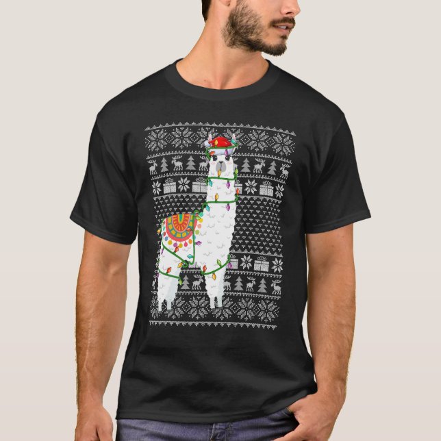 T-shirt Style Doux moche Xmas Lumières Père Noël Alpaca Ch (Devant)