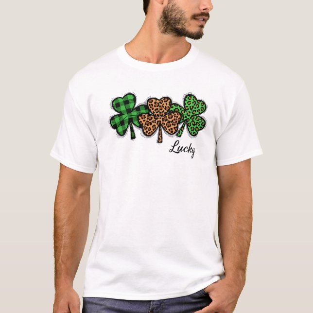 T-shirt Stylish Lucky Clover Buffalo Plaid Leopard Art (Devant)