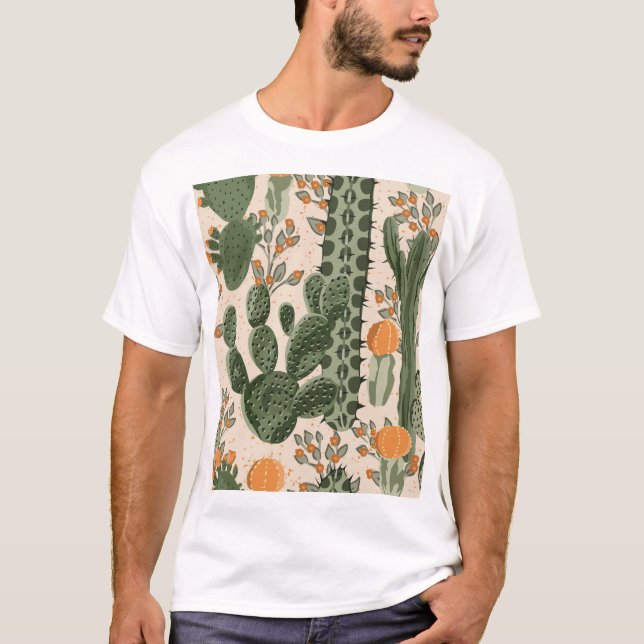 T-shirt Succulents verts, fleurs oranges, papier peint de  (Devant)