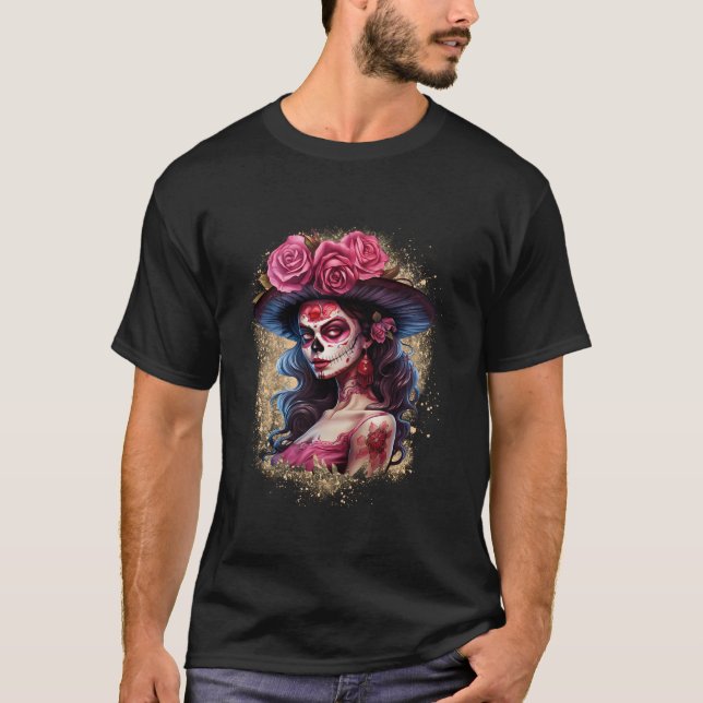 T-shirt Sugar Crâne Femmes Dia De Muertos La Catrina Jour  (Devant)