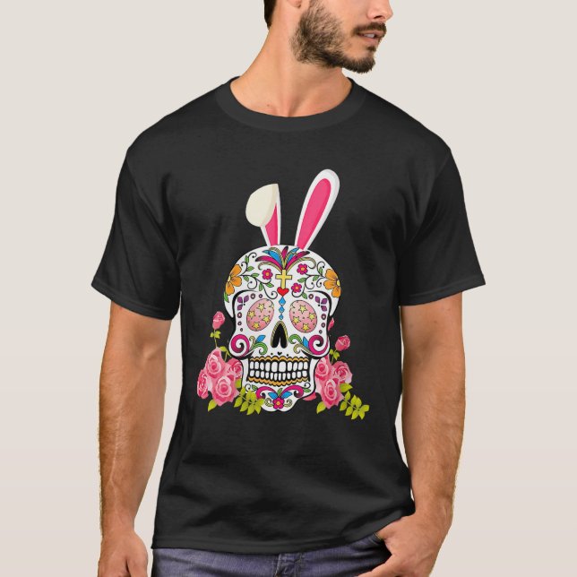 T-shirt Sugar Skull Happy Easter Bunny-Ears, Mexican Skull (Devant)