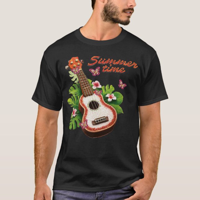 T-shirt Summer Time Hawaii Ukulele Lute Flowers (Devant)