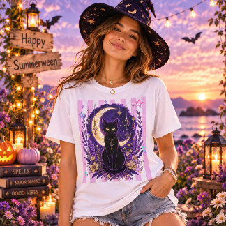 T-shirt Summerween Céleste Chat Noir Floral Magique Lune