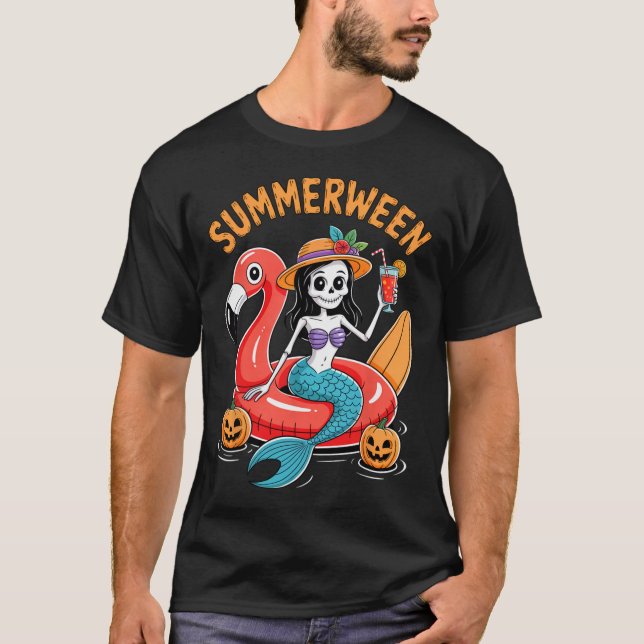 T-shirt Summerween Mermaid Skeleton Beach Flamant rose Hal (Devant)