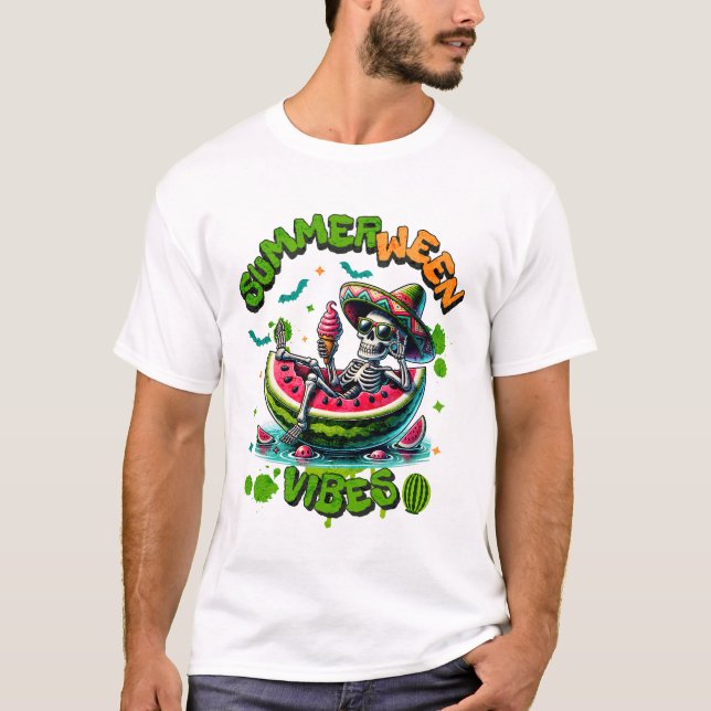 T-shirt Summerween Skeleton on Watermelon Boat Ice Cream (Devant)
