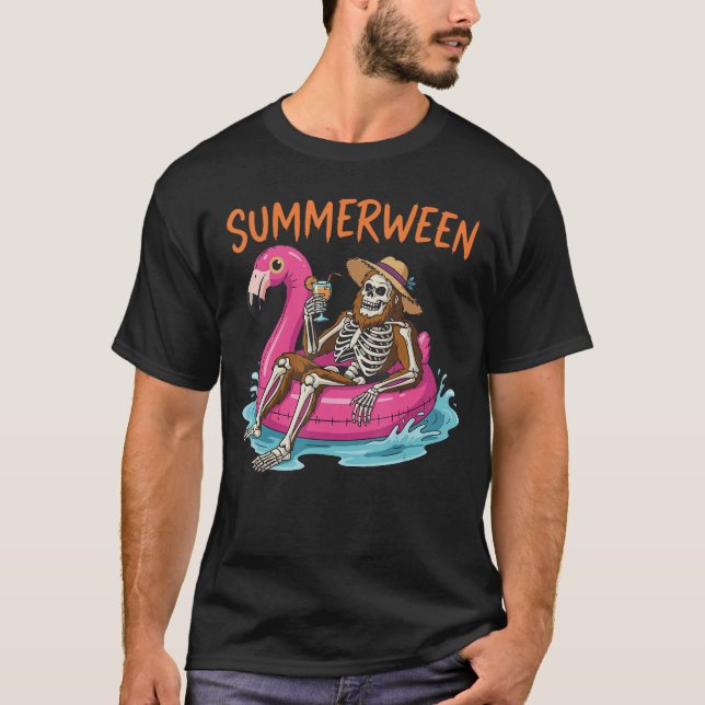 T-shirt Summerween Skeleton Pool Party Flamingo Float Kids (Devant)