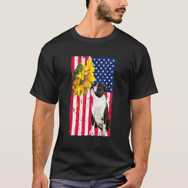 T-shirt Sunflower American Flag Boston Terrier Dog (Devant)
