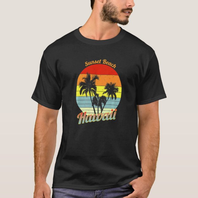 T-shirt Sunset Beach Hawaii Retro Tropical Palm Trees Vaca (Devant)