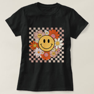 T-shirt Super Sourire Happy Fleurs Visage À damiers Hippie