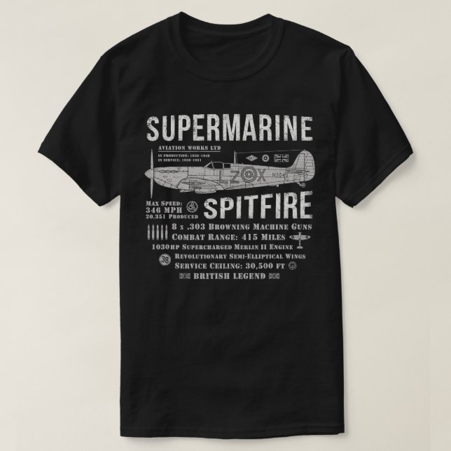 T-shirt Supermarine Spitfire British RAF Fighter Plane WWI (Design devant)