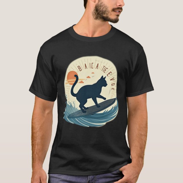 T-shirt Surfer Cat Silhouette Abstract Retro Beach Waves (Devant)