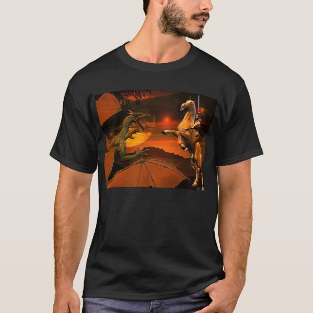 T-shirt Surprise de dragon devant le coucher du soleil, (Devant)
