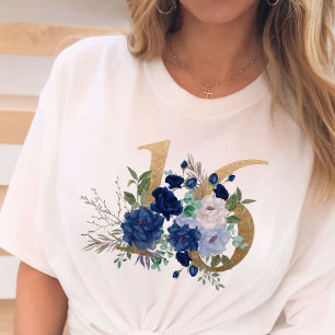 T-shirt Sweet 16 Gold Floral Number 16 Blue Rose