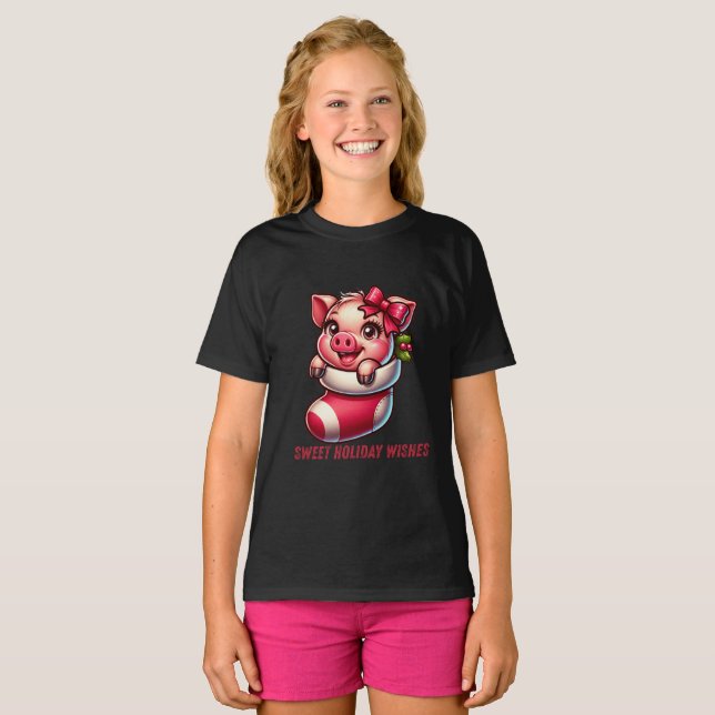 T-shirt Sweet Holiday Piglet in Stocking (Devant entier)