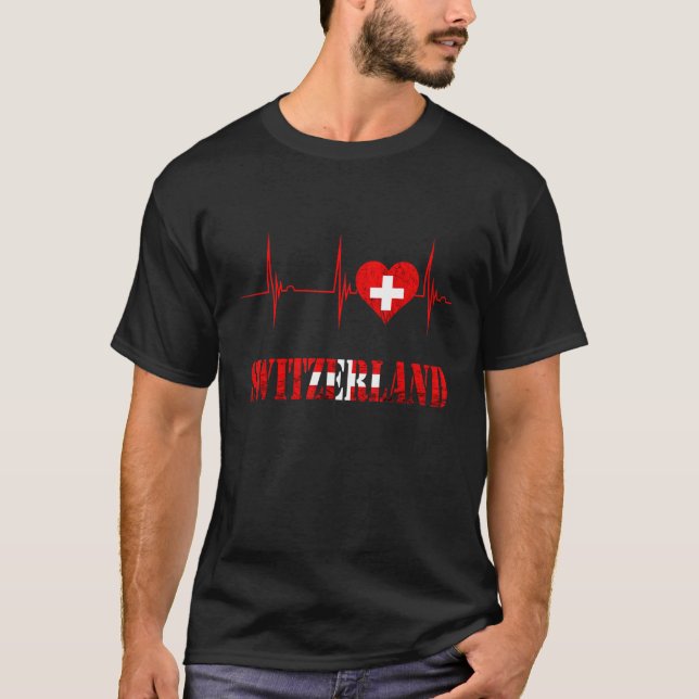 T-shirt Switzerland Swiss Flag Heart Heartbeat EKG Pulse S (Devant)
