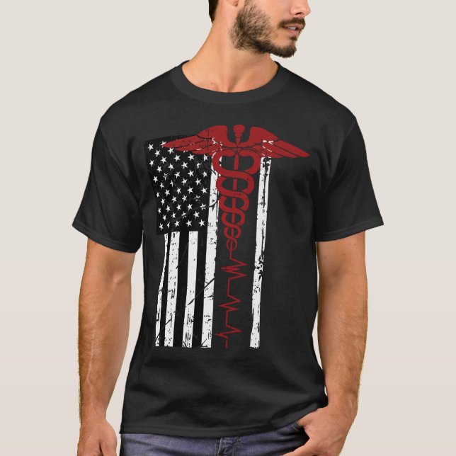 T-shirt SYMBOLE Médicale Drapeau USA Noir Patriotique Cadu (Devant)