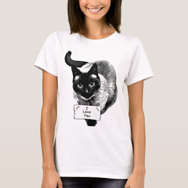 T-shirt Sympathique Siamese Chat Holding, "I Love You" (Devant)