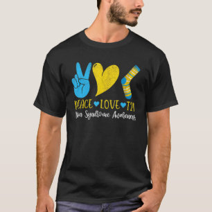 T-shirt Syndrome Down Peace Love T21 Funny Bleu Jaune Ains